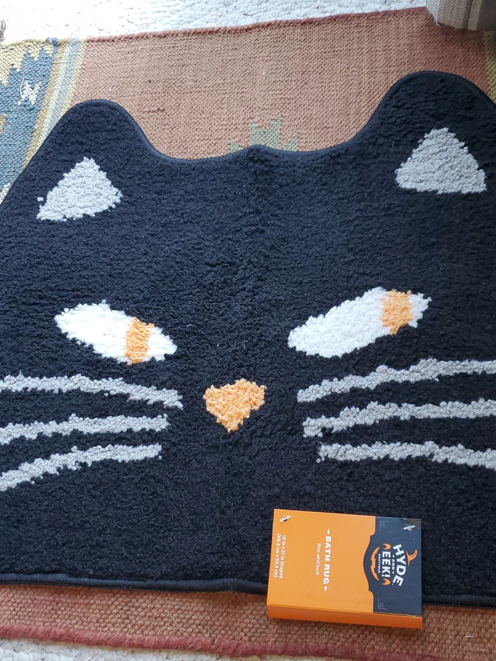 Black Cat Face Plush Bath Mat with Cream & Gold Accents, nwt, 19x21